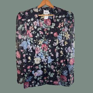 Vintage 90s Leslie Fay Floral Print Poof Shoulder Sheer Sleeve Blazer